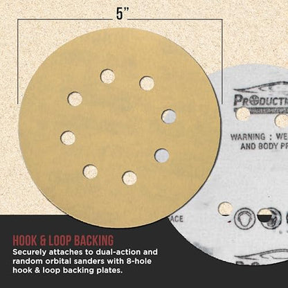 ProductionShop Premium 400 Grit 5" Gold Sanding Discs, 8-Hole Pattern, Box of 100 - Dustless Hook & Loop Backing Sandpaper for DA & Random Orbital Sanders, Sand Auto Paint, Wood Woodworking Furniture - style: 400 Grit