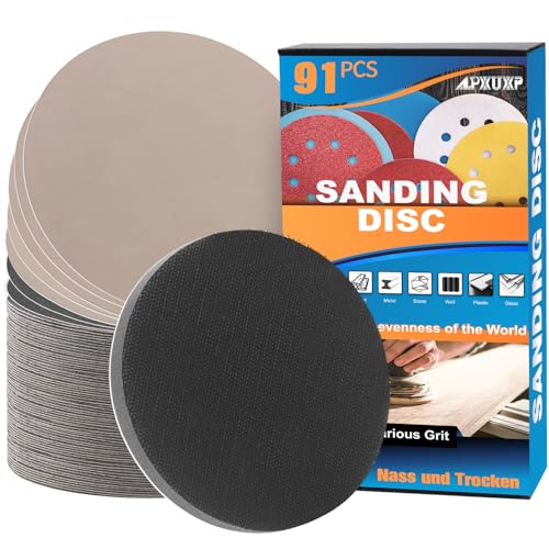 91Pcs 5 Inch Wet Dry Sanding Discs No-Hole Round Hook and Loop Sandpaper with 1Pcs Interface Pad 120 220 400 600 800 1000 1500 2000 3000 Assortment Set for Wood Automotive Metal and Orbital Sander - style: 5 inch No-Hole MIX Grit 91Pcs