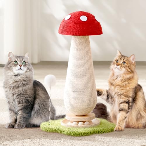 Mushroom Cat Scratching Post Cat Tree, 21.5‘’ H Cute Cat Scratcher Tower with Durable Solid Wood Turntable Toy, Mushroom Scratch Post Cat Sisal Scratcher with Catnip for Indoor Adult Cats - color: Mushroom