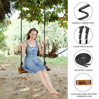 Carbonized Wooden Tree Swing with Adjustable Climbing Rope & Tree Straps - color: Brown