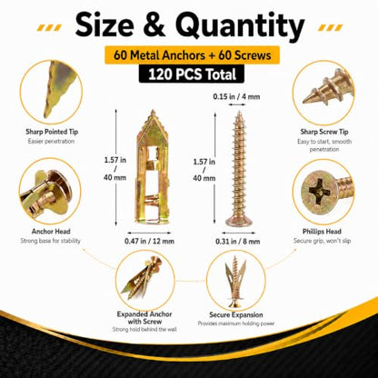 Jyphorixal 120 PCS Self Drilling Drywall Anchors with Screws Kit, Heavy Duty Metal Wall Anchors for Drywall, Sheetrock Anchors 0.47x1.57inch with Screws, No Drill Dry Wall Anchors and Screws Kit - size: Yellow 120Pcs 0.47X1.57inch
