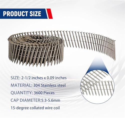 waltyotur 3600 Count Stainless Steel Coil Roofing Ring Shank Siding Nails 15-Degree Collated Wire Coil 2-1/2 Inch, 0.09 Inch Ring Shank, Small Cap Coil Stud Siding Nails - size: 2-1/2 Inch x 0.09 Inch
