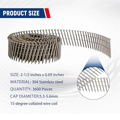 waltyotur 3600 Count Stainless Steel Coil Roofing Ring Shank Siding Nails 15-Degree Collated Wire Coil 2-1/2 Inch, 0.09 Inch Ring Shank, Small Cap Coil Stud Siding Nails - size: 2-1/2 Inch x 0.09 Inch