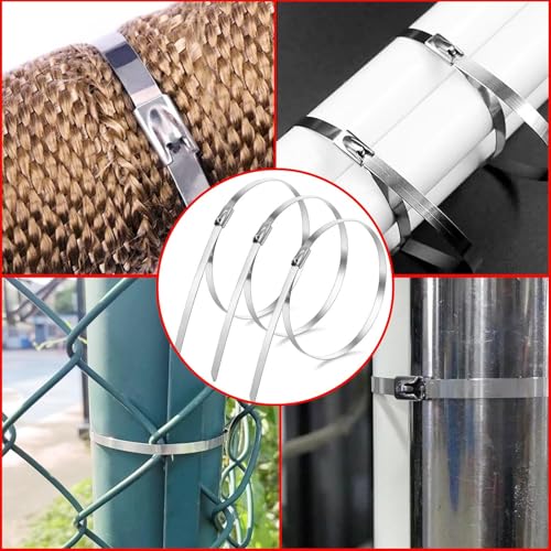 Metal Zip Ties of 300 Pcs, 6+8+11.8 inch 304 Stainless Steel, Heavy Duty, Industrial-Grade, Silver, for Pipe, Auto Repair, Exhaust Wrap, Heat Resistant Fencing Ties - size: 6'+8'+11.8'(300 PCS)