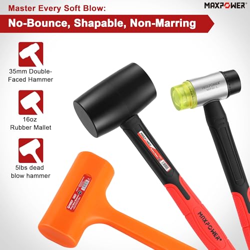 MAXPOWER 3-Piece Hammer Set, 5LB Dead Blow, 16oz Rubber & 35mm Soft Mallets - size: 5lb 16oz 35mm