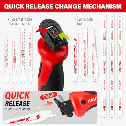 HAUTMEC 10-In-1 Multipurpose Hand Saw for Wood, Metal, Plastic & Drywall, Compact Hacksaw with Tool-Free Blade Change, Self-Locking Handle, Blade Storage Box & 10 Professional Saw Blades – HTHSH25032