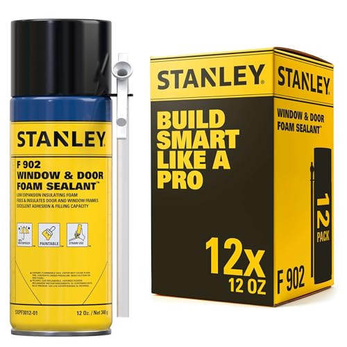 Stanley F902 Window & Door Foam Sealant (12x12 Oz.) – Low Expansion Polyurethane Insulating Spray Foam | Gaps and Cracks Filler for Window & Door Frames, Waterproof Sealant with Straw | 12 Oz. 12 Pack - size: 12 Pack