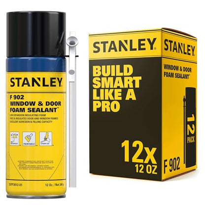 Stanley F902 Window & Door Foam Sealant (12x12 Oz.) – Low Expansion Polyurethane Insulating Spray Foam | Gaps and Cracks Filler for Window & Door Frames, Waterproof Sealant with Straw | 12 Oz. 12 Pack - size: 12 Pack