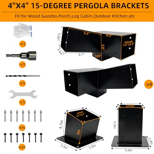 6Pcs 30° Lean Pergola Kit 4x43-Way Slanted Pergola Roof Bracket,Post Base-Angled 4x4 Wood Post Bracket DIY Gazebo Brackets-Hardware Kit for Outdoor Wood Beam Post Sunroom Carport Cabin.