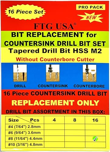 FTG USA 16Pc #8 (11/64") Replacement Countersink Drill Bit Set Tapered Bits - size: #8 (11/64"), style: 16 Bits w/o cutter