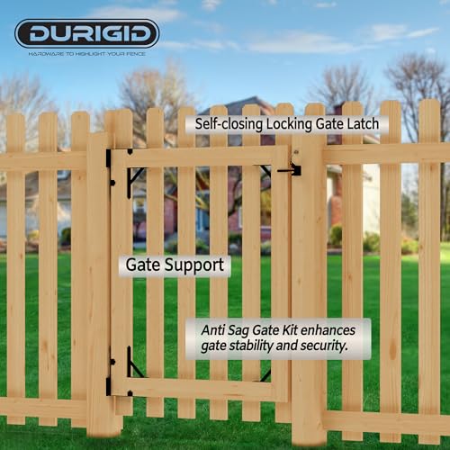 Wood Fence Gate Kit Gate Kits, Gate Frame Kit with Gravity Gate Latch, Wood Gate Hardware, Heavy Duty Fence Gate Kit with Corner Brace Brackets, Gate Kit for Wooden Fence, Black, 1 Set