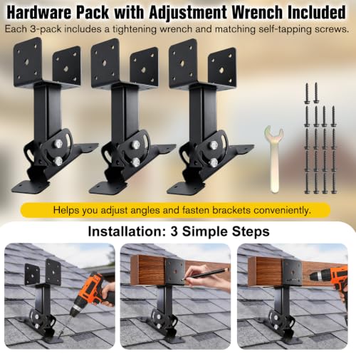 3 Pack Adjustable Roof Riser Brackets for Pergola, Fits 4x4 4x6 Posts