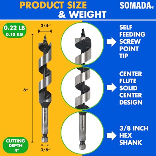SOMADA 3/4" x 6" Auger Drill Bit for Wood, Ship Auger Hex Shank - size: 3/4"x6" Silver