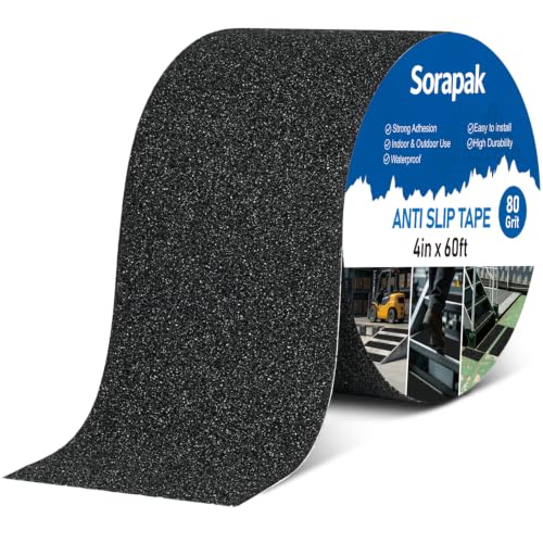 4" x 60 Ft Black Anti Slip Tape, 80 Grit Non Skid Grip for Stairs - size: 4'' x 60FT