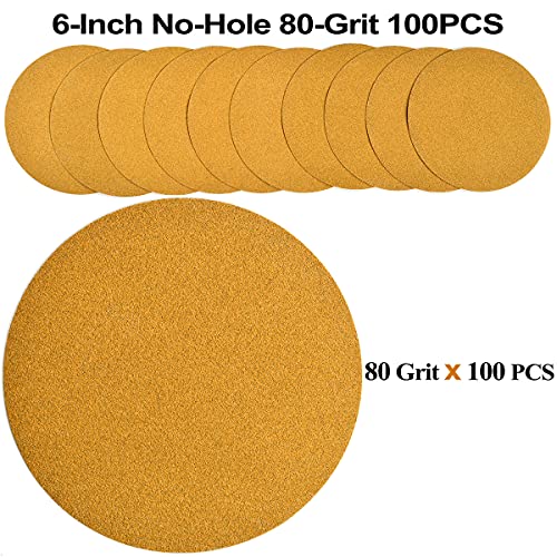 6-Inch No-Hole Hook and Loop Gold Sanding Discs 80-Grit, 100-Pack