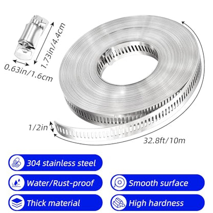32.8FT Metal Strap + 24 Fasteners 304 Stainless Steel Hose Clamp Assortment Kit DIY Cut-To-Fit Adjustable Worm Gear Band Clamps for Pipe, Duct, Tube, and Fuel Line