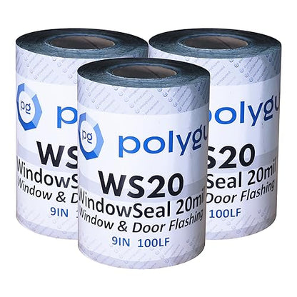 POLYGUARD WindowSeal Window and Door Flashing Tape, 9 in x 100 ft Roll, 20 mil Thick, Self-Sealing & Self-Adhering Waterproof Barrier, Pack of 3 - size: 9" x 100'