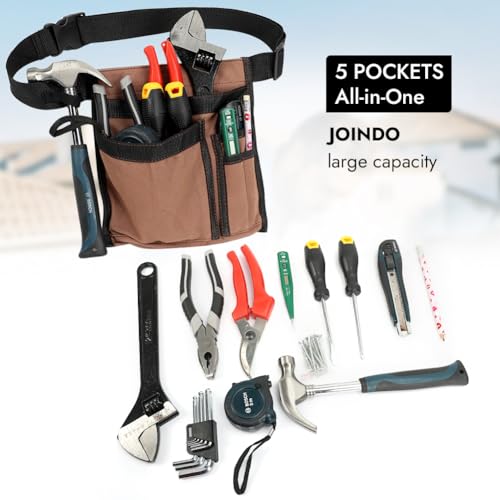 5-Pocket Tool Belt for Men, Durable Canvas Construction, Adjustable Belt, Utility Pouch for Daily Repair and DIY Use - color: Brown