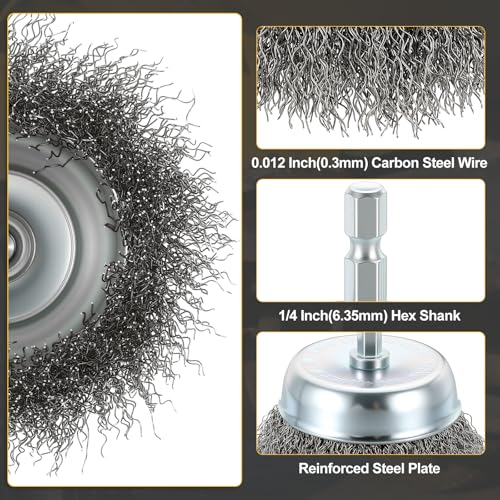 DTGN 5 Pcs 3 Inch Wire Wheel Cup Brush for Drill, 1/4 Inch Hex Shank - size: 3 inch