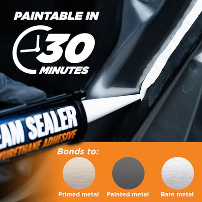 [White] 2 Pack Professional Automotive Seam Sealer, Paintable Quick-Set Polyurethane Auto Body Filler Seam Sealer for Metal Surfaces of Cars, Trucks, Etc, with Tip & Gloves - RV Roof White Sealant - color: White