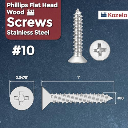 25pcs Phillips Flat Wood Screw #10x1 316 Stainless Steel Silver - size: #10x1"