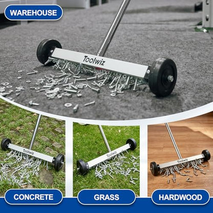 Toolwiz 15" Rolling Magnetic Sweeper with LED Telescopic Pick Up Tool - size: 15 inches + 8 LB Pick Up Tool with Light