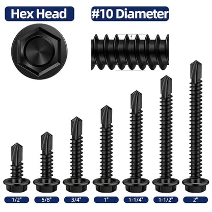 #10 x 2 (1/2" to 3" Available) Hex Washer Head Self Drilling Sheet Metal Screws with Drill Point, Stainless Steel 410, Black Oxide, 50 PCS - color: Black, size: #10 x 2"
