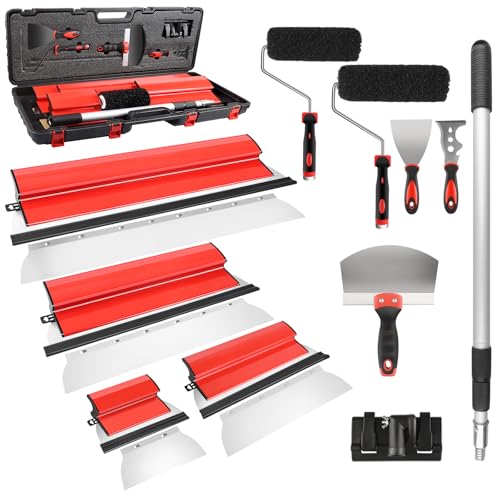 suokoun Drywall Skimming Blade Set with Case, 10/16/24/32inch Stainless Steel Skimming Blades, 7/9inch Compound Rollers, 28"-62" Extension Handle, Putty Knives Arc Scraper for Wallboard - size: 10+16+24+32inch