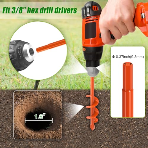 Insaga 1.6" x 9" Auger Drill Bit for Planting, 2.5mm Thick Spiral Earth Drill Garden Auger for Post Hole Digger, Solid Steel Bright Orange Powder Coated, Fit 3/8'' Hex Drive for Bulb Flower Garden - size: 1.6'' x 9''
