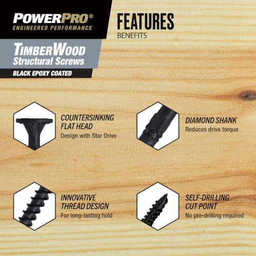Power Pro TimberWood Structural Screws, 3/8in x 10in, 15 Pieces, Black - color: Black, size: 3/8 inch x 10 inch, style: 15pc
