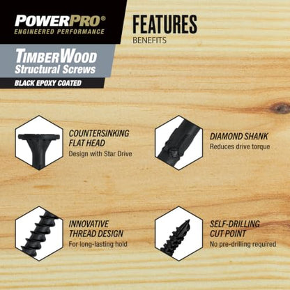 Power Pro TimberWood Structural Screws, 3/8in x 10in, 15 Pieces, Black - color: Black, size: 3/8 inch x 10 inch, style: 15pc