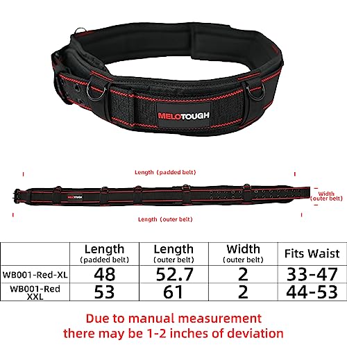 MELOTOUGH Padded Tool Belt with D ring for men construction Strong Durable Double Metal Roller Buckle,adjustable waist 33'-47 'thick confortable foam padding (XL) - size: Adjustable 33"- 47"