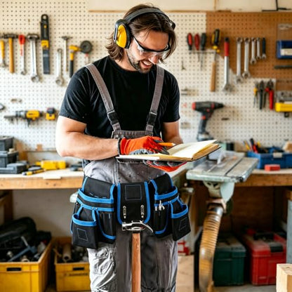 Tool Belt, 26 Pockets Tool Pouch with 1 Hammer Loop & 3 Magnetic Zones, Adjustable Work Utility Belt for Electrician, Carpenter, Construction, DIYers (Blue) - color: Blue