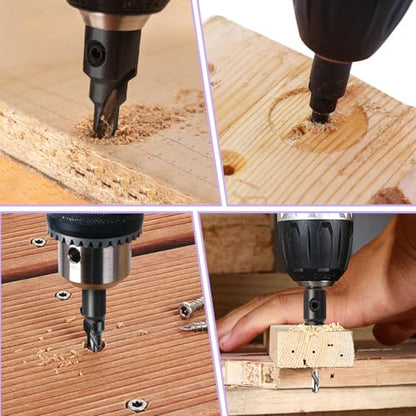 Countersink Drill Bit Set, 5 Piece Woodworking Chamfered Set with 1/4 Inch Hex Shank Compatible with Dremel Rotary Tool, Counter Sinker Tools for Hole Drilling, 2 Piece Wood Plug Cutter with L-Wrench