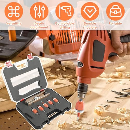5Pcs Limit Countersink Drill Bit Set with Hole Punch, Deep Adjustable Countersunk Drill Bit Kit, Round Shank Wood Countersink Drill Bit, Edge Banding Punching Tool for Wood PVC (Drill Bit+Plier)