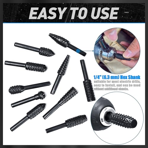 10Pcs Woodworking Twist Drill Bits, Wood Carving Rasp Drill Bits 1/4" Shank