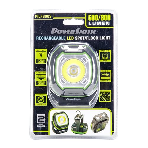 PowerSmith Rechargeable Work Light Magnetic Work Light 800 Lumen Flood Light 500 Lumen Spot Light, Hook and 1/4" Threaded Fitting for Tripod, USB Output (PILF800S)