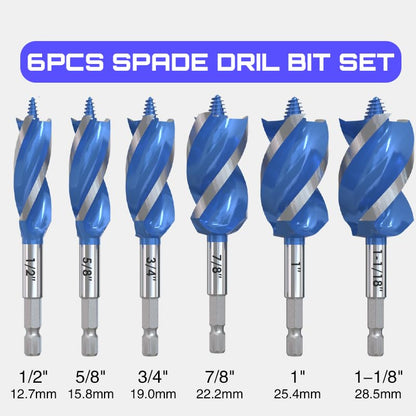 6PCS Auger Drill Bit Set for Wood - Sizes 1/2", 5/8", 3/4", 7/8", 1" & 1-1/8" - Hex Shank Quick Change Auger Bits for Hardwood, Softwood, Plastic - Impact Ready