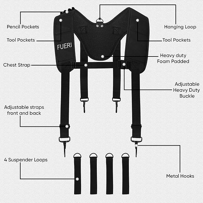 FUERI Cordura Nylon Tool Belt with Suspenders Heavy Duty Tool Pouches for Men Construction Carpenters Electricians Framers Garden Women - style: Tool Belt with Suspenders