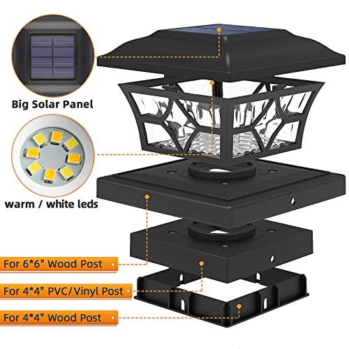 APONUO 4x4 Solar Post Cap Lights 4 Pack - 6x6 Post Cap Solar Light, 2-Mode, IP64 Waterproof, Post Lights Solar Powered for 4x4 5x5 6x6 Wood/Vinyl Posts, Black - color: Black, size: 4 Pack