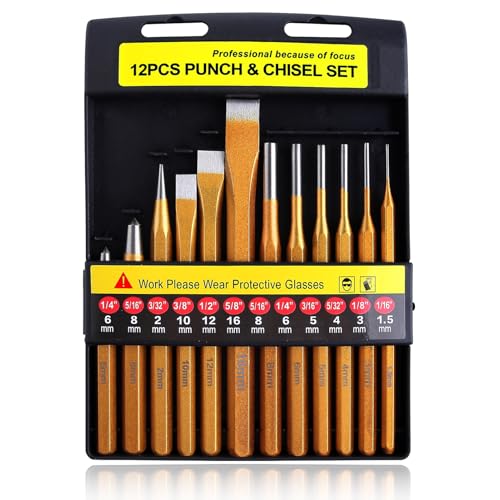 12-Piece Punch and Chisel Set, Heavy Duty Heat Treated Metal Punch