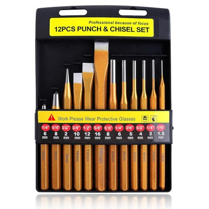 12-Piece Punch and Chisel Set, Heavy Duty Heat Treated Metal Punch