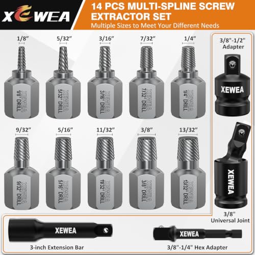 XEWEA 14PCS 3/8" Drive Screw Extractor Set，Multi-Spline Easy Out - size: 10+4PCS