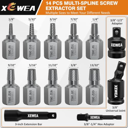 XEWEA 14PCS 3/8" Drive Screw Extractor Set，Multi-Spline Easy Out - size: 10+4PCS