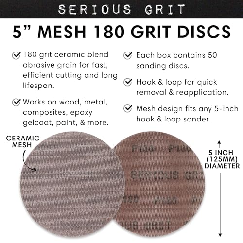 Serious Grit - 5-Inch P180 Grit Ceramic Mesh Sanding Discs - 50 Pack - style: 180 Grit