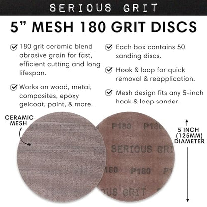 Serious Grit - 5-Inch P180 Grit Ceramic Mesh Sanding Discs - 50 Pack - style: 180 Grit
