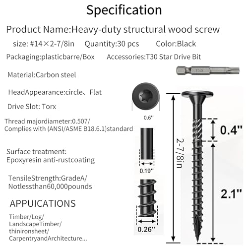 3 Inch Wood Screws, 30Pcs Heavy Duty Outdoor Wood Fence Deck Screws, Black Carbon Steel Rustproof Structural Screws with T30 Drill Bit for Wood Construction, No Pre-Drilling Required - size: #14×3in