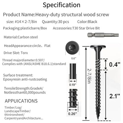 3 Inch Wood Screws, 30Pcs Heavy Duty Outdoor Wood Fence Deck Screws, Black Carbon Steel Rustproof Structural Screws with T30 Drill Bit for Wood Construction, No Pre-Drilling Required - size: #14×3in