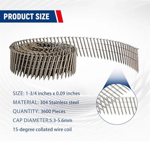waltyotur 3600 Count Stainless Steel Coil Roofing Ring Shank Siding Nails 15-Degree Collated Wire Coil 1-3/4 Inch, 0.09 Inch Ring Shank, Small Cap Coil Stud Siding Nails - size: 1-3/4 Inch x 0.09 Inch