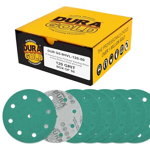 Dura-Gold 120 Grit 5" Green Film Sanding Discs, 9-Hole Pattern, Box of 50 - style: 120 Grit
